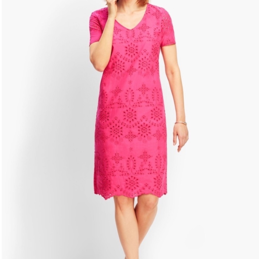 Talbots | Pink Embroidered Scallop-Hem Floral Eyelet Shift Dress Size 14 Petite